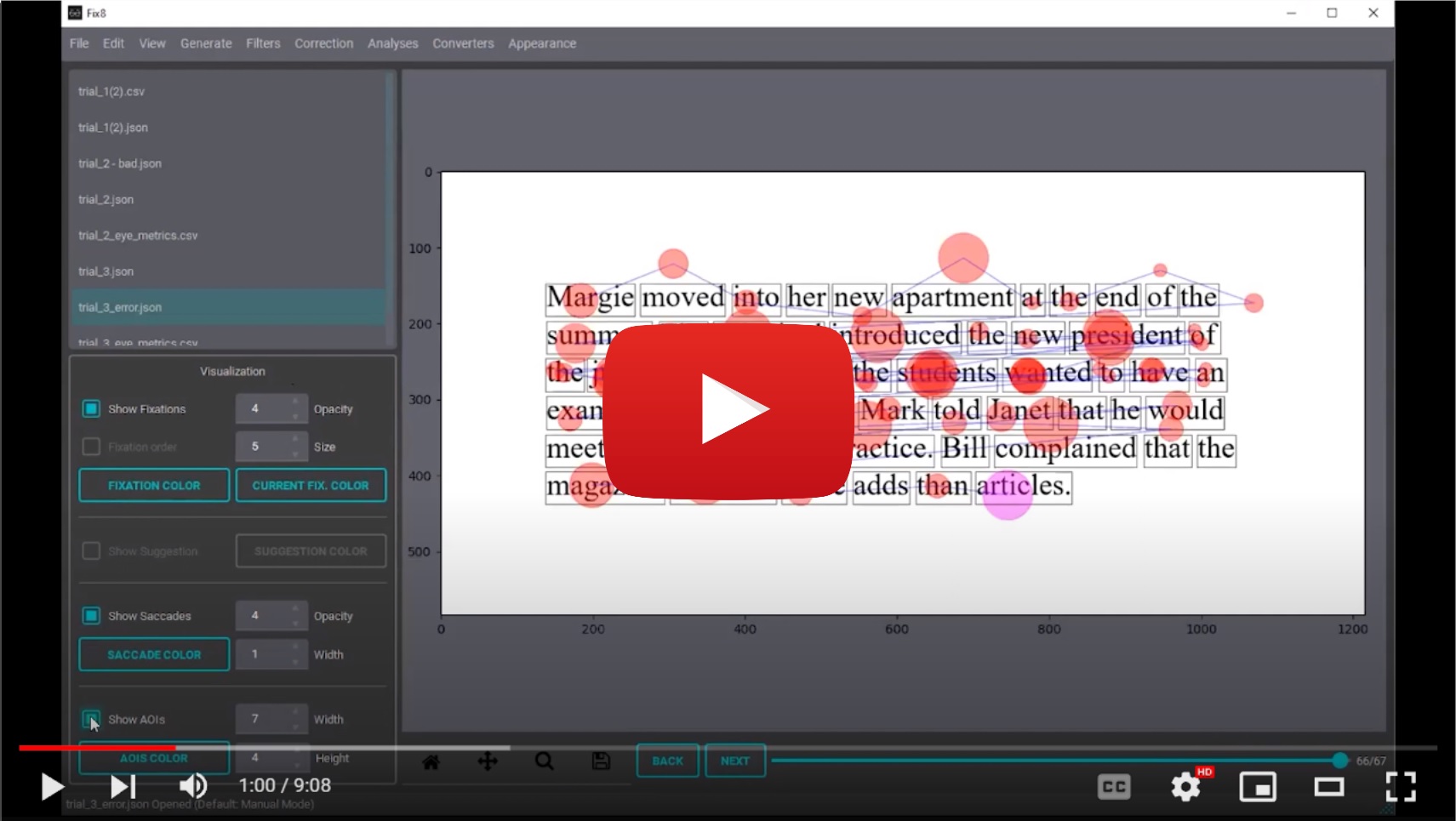 fix8 GUI showing eye-tracking correction over lines of text